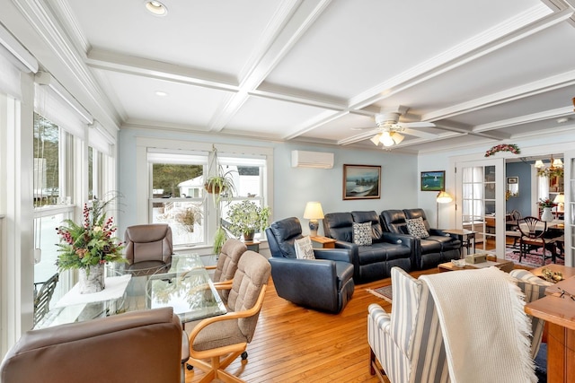 44 Winnicoash St, Laconia, NH 03246 - living room featuring beamed ceiling, coffered ceiling, light hardwood / wood-style floors, and a wall unit AC