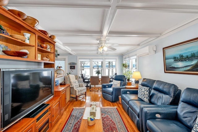 44 Winnicoash St, Laconia, NH 03246 - living room with coffered ceiling, crown molding, a wall unit AC, beam ceiling, and light hardwood / wood-style floors