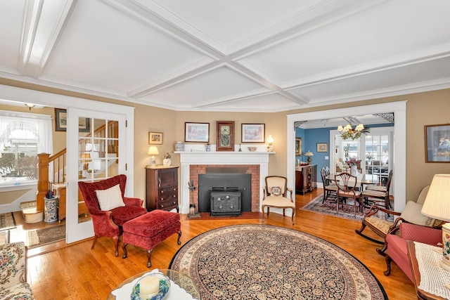 44 Winnicoash St, Laconia, NH 03246 - living room with coffered ceiling, hardwood / wood-style floors, and beam ceiling