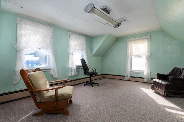 living area featuring vaulted ceiling and carpet flooring