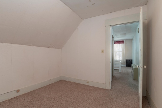 additional living space featuring light colored carpet and lofted ceiling