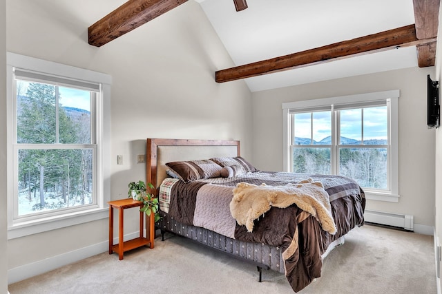 carpeted bedroom featuring a baseboard heating unit and lofted ceiling with beams