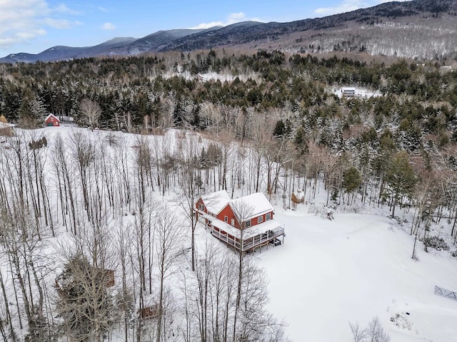 snowy aerial view with a mountain view