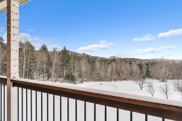 view of snow covered back of property