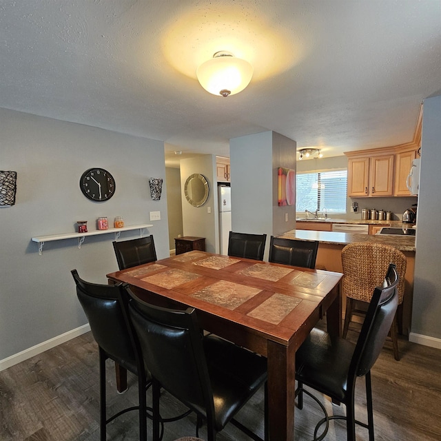 dining room with dark wood-type flooring, sink, and a textured ceiling