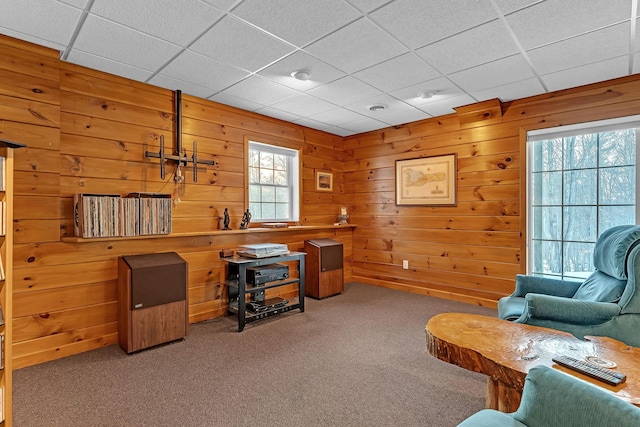 office area featuring carpet, a drop ceiling, and wooden walls