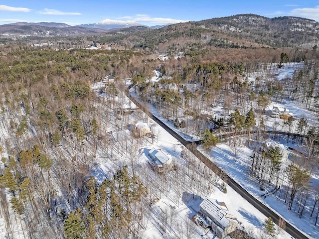 snowy aerial view with a mountain view