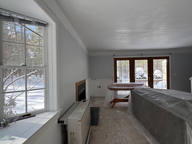 bedroom featuring access to exterior, french doors, and light wood-type flooring