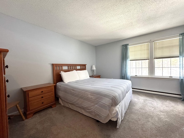 carpeted bedroom featuring a textured ceiling and baseboard heating