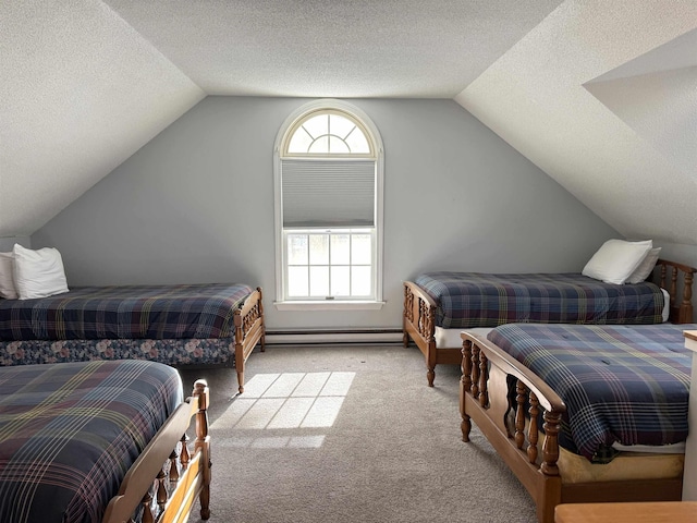 carpeted bedroom with lofted ceiling, a baseboard radiator, and a textured ceiling