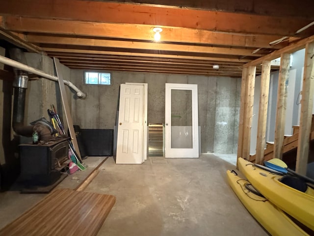 basement with a wood stove