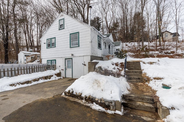 view of snow covered exterior