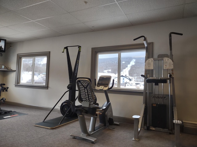 workout area with a drop ceiling, a mountain view, and carpet flooring