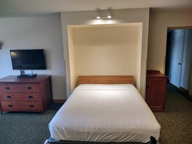 bedroom featuring dark carpet