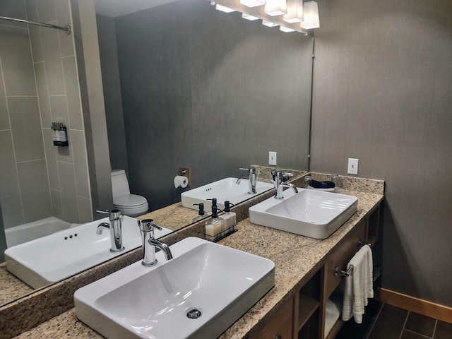 full bathroom with tile patterned floors, toilet, separate shower and tub, and vanity