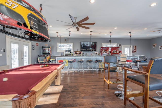 playroom with hardwood / wood-style flooring, ceiling fan, bar area, pool table, and french doors