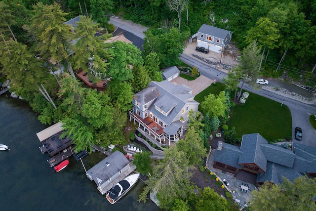 drone / aerial view with a water view