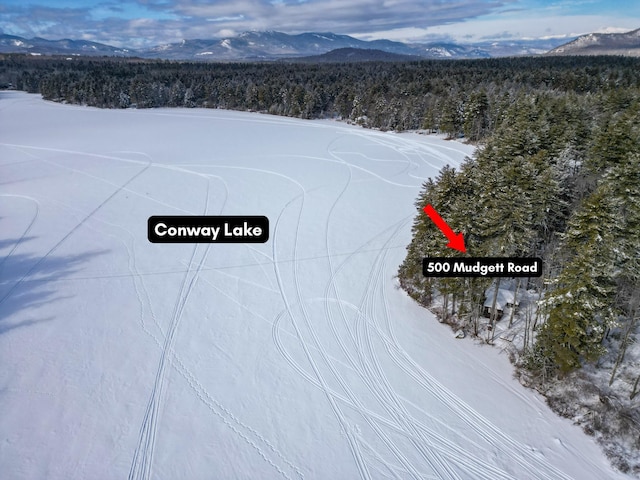 snowy aerial view with a mountain view