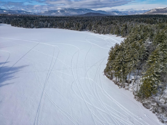 snowy aerial view with a mountain view