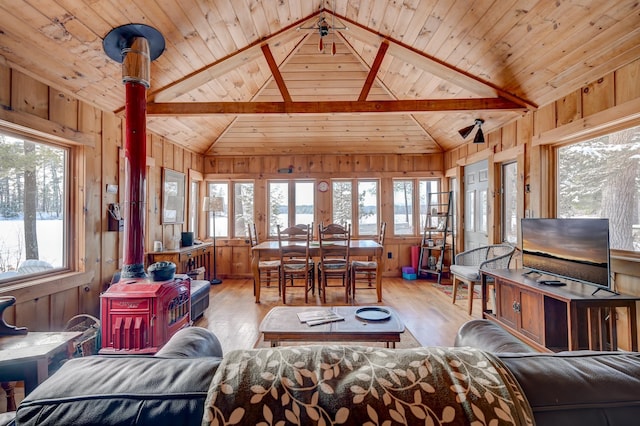 sunroom featuring lofted ceiling, a wood stove, and wooden ceiling