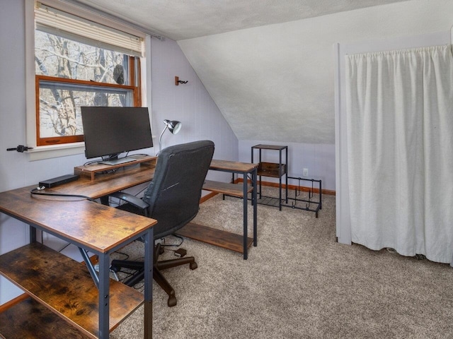 home office featuring light colored carpet, vaulted ceiling, and a textured ceiling