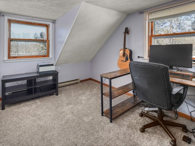 carpeted office with vaulted ceiling, a textured ceiling, and baseboard heating