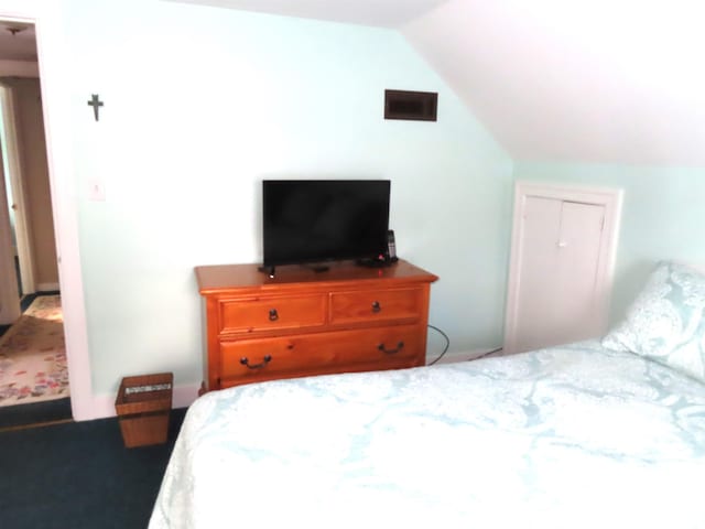 carpeted bedroom featuring vaulted ceiling and a closet