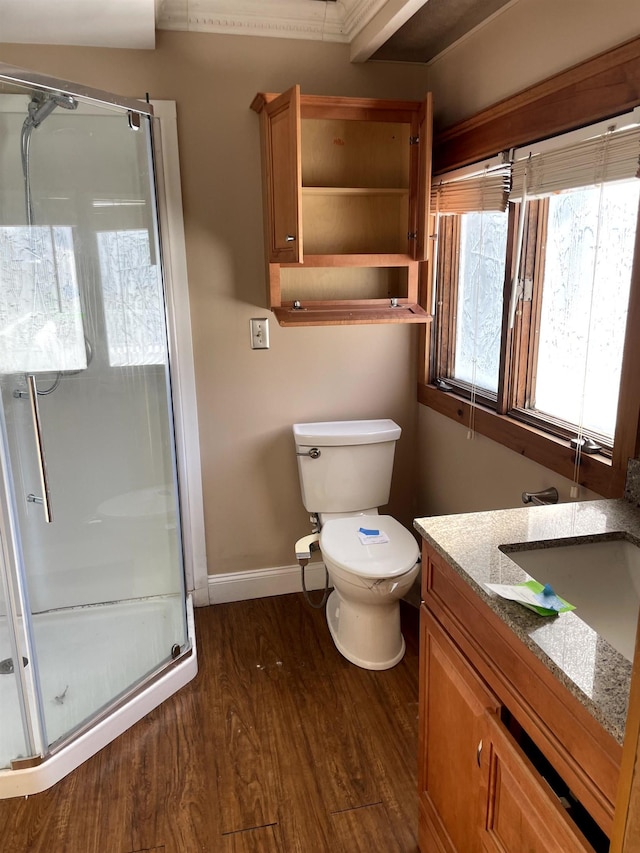 bathroom featuring vanity, hardwood / wood-style floors, a shower with shower door, and toilet