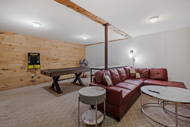 playroom featuring wooden walls and carpet flooring