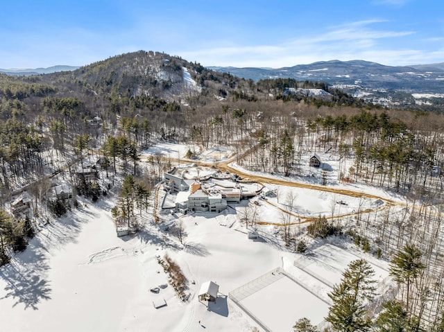 snowy aerial view with a mountain view