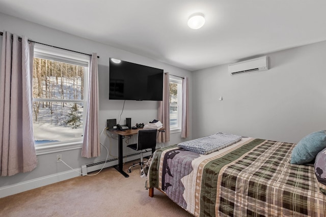 bedroom featuring baseboard heating, carpet, and a wall unit AC