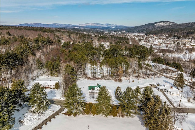 snowy aerial view featuring a mountain view