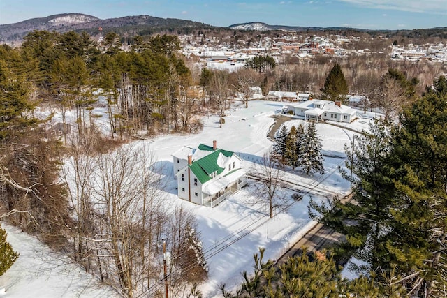 snowy aerial view with a mountain view