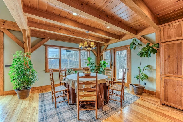 dining space with an inviting chandelier, wood ceiling, beam ceiling, and light hardwood / wood-style flooring