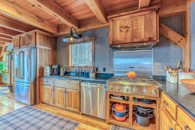 kitchen featuring appliances with stainless steel finishes, beamed ceiling, sink, wood ceiling, and light hardwood / wood-style floors