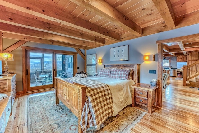 bedroom featuring access to exterior, light hardwood / wood-style floors, beam ceiling, and wooden ceiling