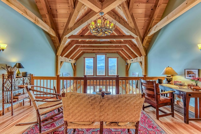 living area featuring vaulted ceiling with beams, wood ceiling, and wood-type flooring