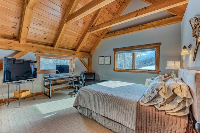 bedroom featuring multiple windows, vaulted ceiling with beams, wooden ceiling, and carpet flooring