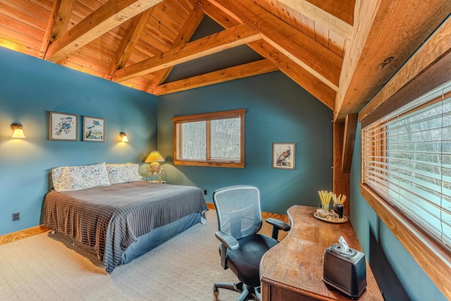 bedroom featuring wood ceiling, carpet flooring, and lofted ceiling with beams