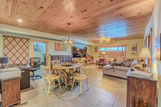 dining space featuring wood ceiling