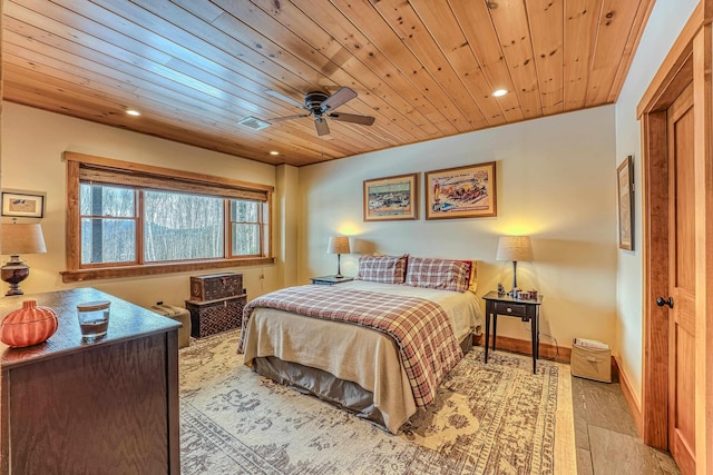 bedroom with wooden ceiling and ceiling fan