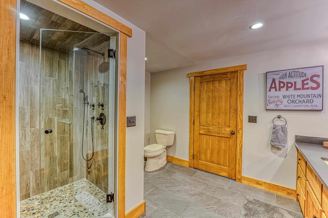 bathroom featuring vanity, toilet, and a shower with door