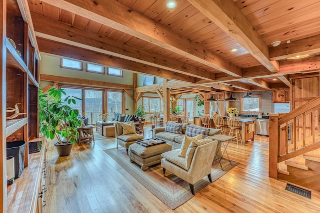 living room featuring wood ceiling, beam ceiling, and light wood-type flooring