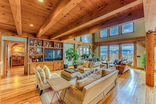 living room featuring beamed ceiling, wooden ceiling, and light wood-type flooring