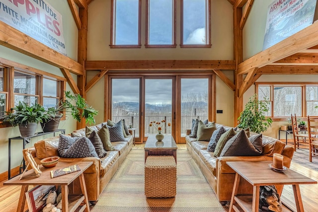 living room featuring a towering ceiling, a healthy amount of sunlight, and a mountain view