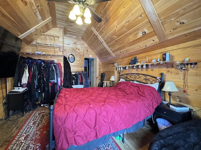 bedroom with wood ceiling, lofted ceiling with beams, and wood walls