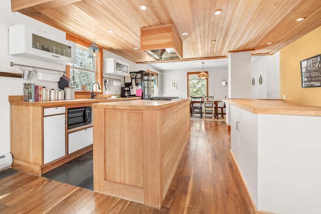 kitchen with white cabinetry, wooden counters, dark hardwood / wood-style flooring, and wooden ceiling