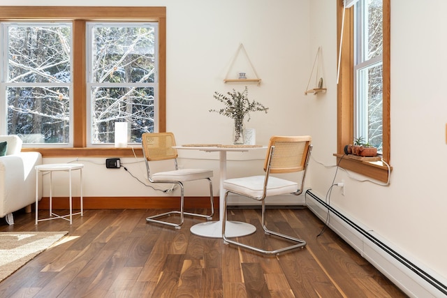 living area with dark wood-type flooring, plenty of natural light, and a baseboard heating unit