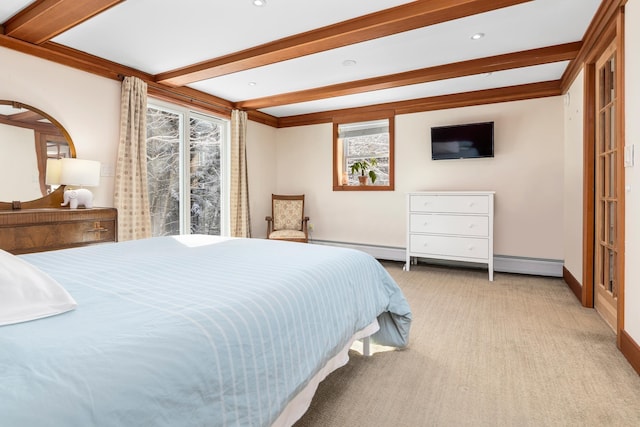 bedroom featuring beamed ceiling, light carpet, and baseboard heating