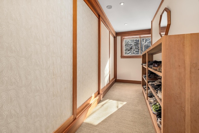 walk in closet with light carpet